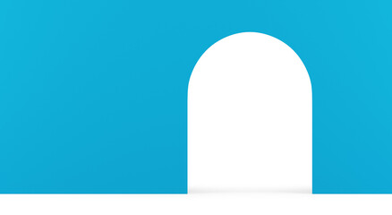 3d showroom blue empty interior archway entrance exit wall curved hole indoor gate realistic