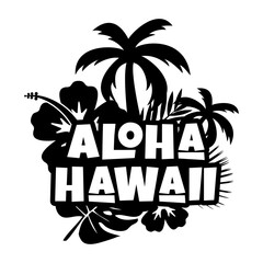 Logo vacaciones en Hawái. Letras de la palabra aloha Hawaii con letras estilo hawaiano con silueta de plantas tropicales © teracreonte