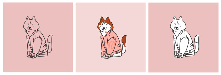 Hand drawn vector abstract graphic line art collection with diverse cute funny cartoon dog characters set.Vector illustration of funny cartoon different breed dog in trendy flat style. Line dog icon.