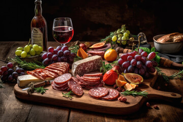 Gastronomic Delight. Culinary experience of a stunning charcuterie board with a variety of pork sausages, artisanal meats, cheese, and more. Copy space. Food photography concept. AI Generative