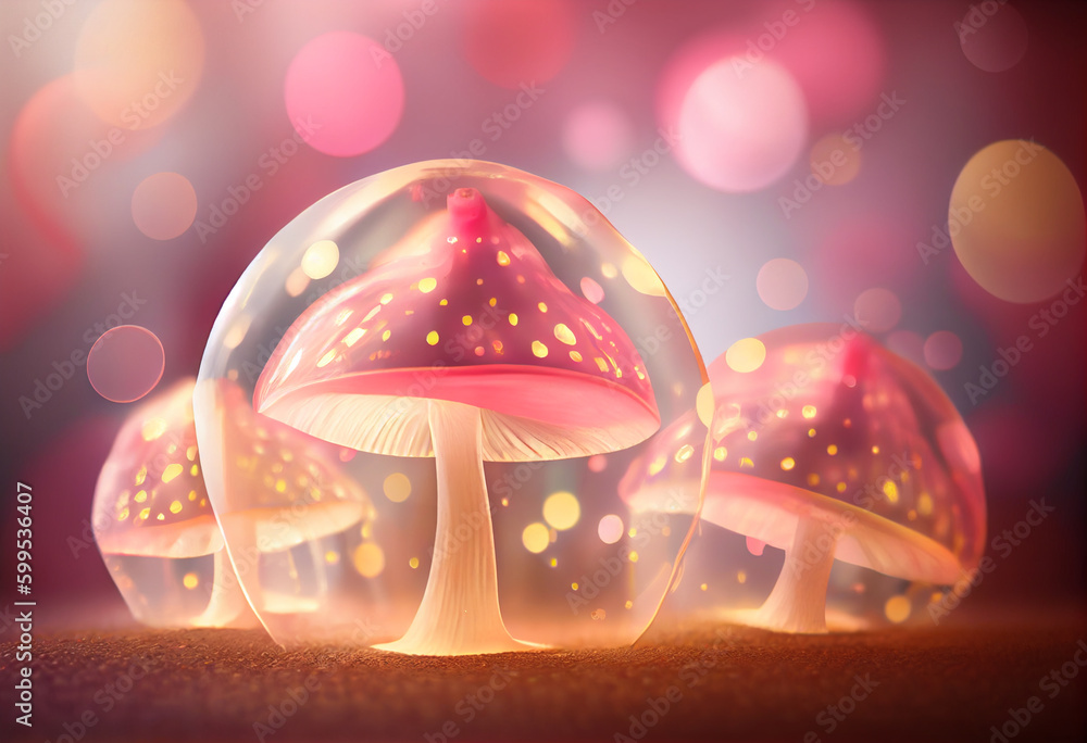 Poster morel mushrooms smooth elegant transparent fabric on bright bokeh background 3d pink and peach color