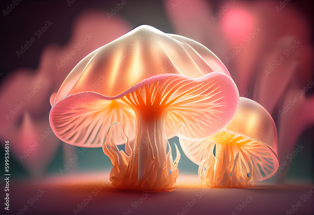 Leinwandbilder lion's mane mushrooms smooth elegant transparent fabric on bright bokeh background 3d pink and peach