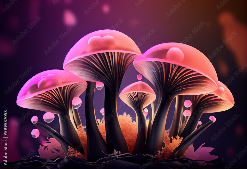 Poster black trumpet mushrooms smooth elegant transparent fabric on bright bokeh background 3d pink and pea