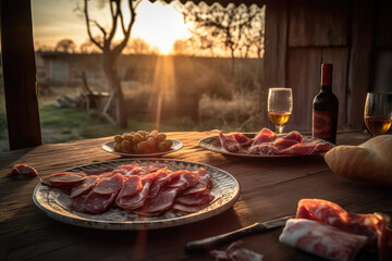 Farm to Table: The Artisanal Production of Spanish Embutidos in Picturesque Countryside, Tradition of Charcuterie, Enchidos, Cured Meats and wine - Rural Landscapes AI Generative	 - obrazy, fototapety, plakaty