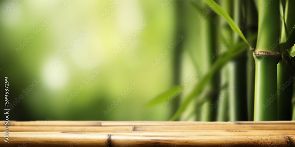 Poster empty wooden product display table with oriental bamboo background. generative ai
