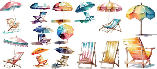 Set of deck chairs and umbrellas for the beach, sea equipment. Watercolor vector illustration.