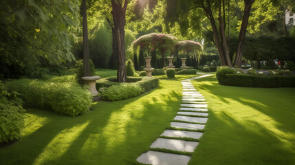 A well-manicured lawn with a beautiful stone pathway leading to a peaceful seating area surrounded by lush greenery.