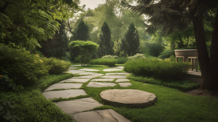 A well-manicured lawn with a beautiful stone pathway leading to a peaceful seating area surrounded by lush greenery