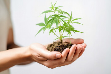 Care for the Cannabis Sprout: Person holding a sprouting cannabis plant in soil
