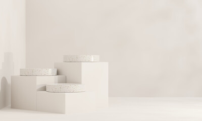 Brown and white pastel backdrop wall 3d render image mockup background of terrazzo podium in the circle.