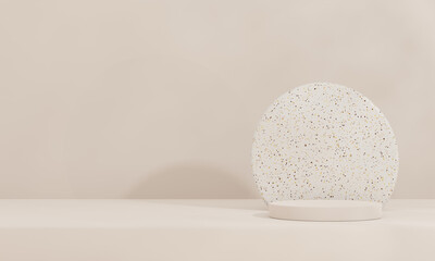 Brown and white pastel backdrop wall 3d render image mockup background of terrazzo podium in the circle.