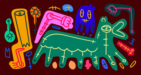 Vector colorful abstract doodle art illustration animal and human for summer
