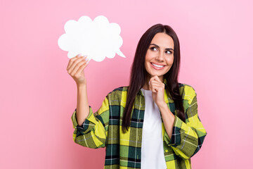 Portrait of cheerful minded person with long hairstyle wear plaid shirt thinking look at mind cloud isolated on pink color background