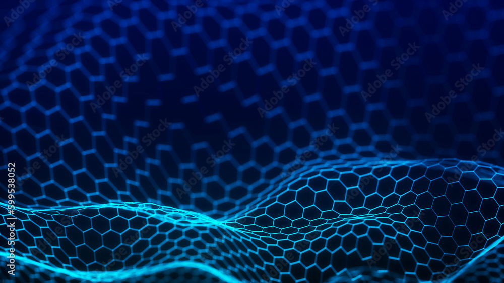 Aufkleber futuristic hexagon background. futuristic honeycomb concept. wave of particles. 3d rendering. data t