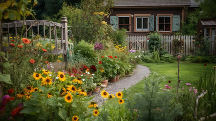 A rustic garden with a variety of colorful flowers and plants, including daisies and sunflowers, in a charming countryside setting.