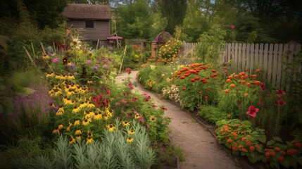 A rustic garden with a variety of colorful flowers and plants, including daisies and sunflowers, in a charming countryside setting