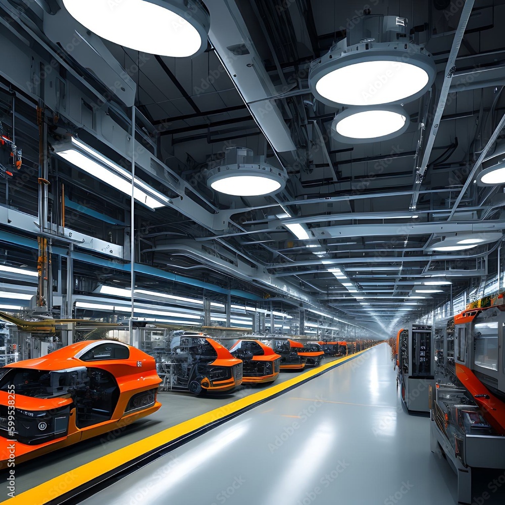 Poster generative ai . modern futuristic factory producing vehicles. environmentally friendly factory.