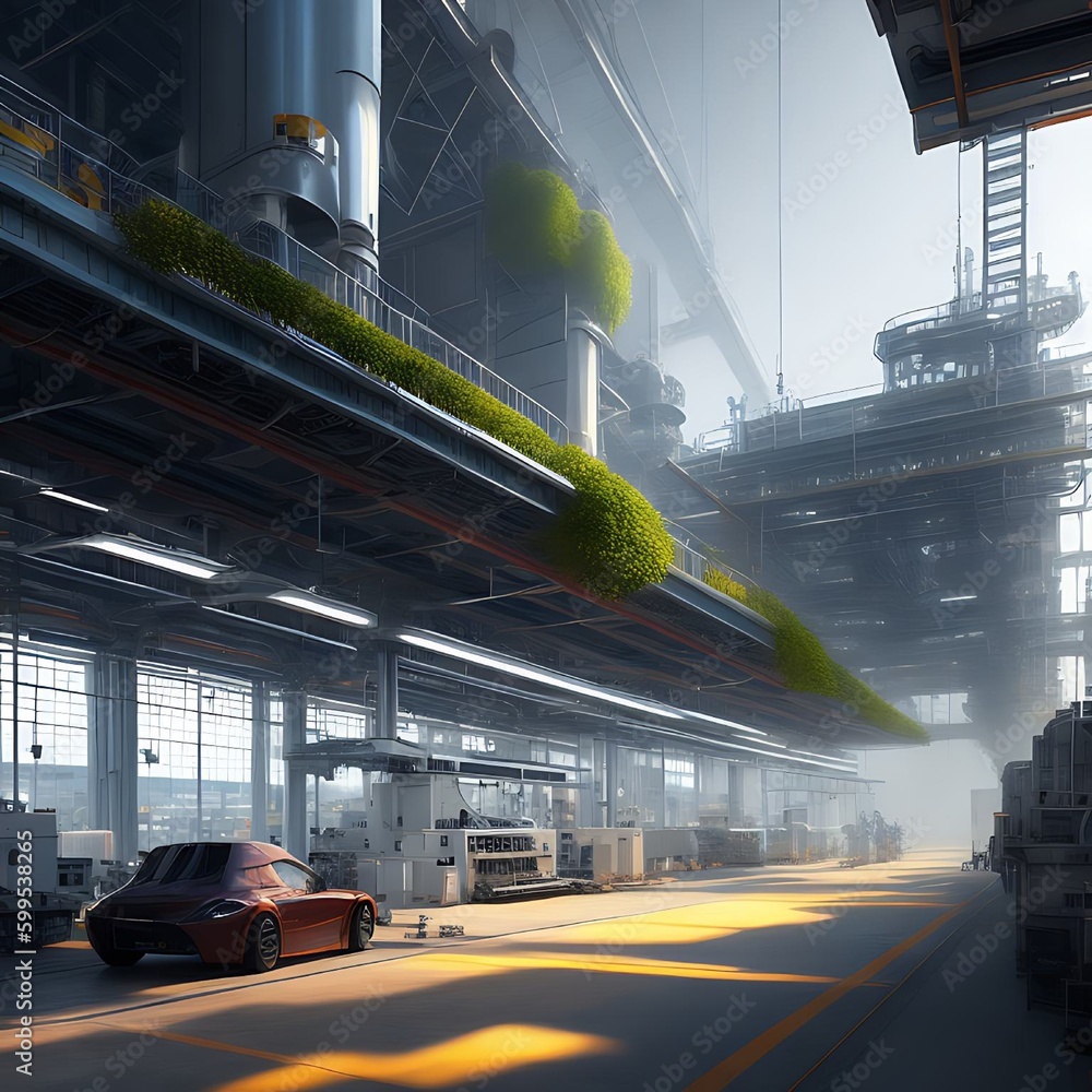 Poster generative ai . modern futuristic factory producing vehicles. environmentally friendly factory.