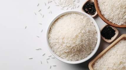 background on which there are plates of white and brown rice