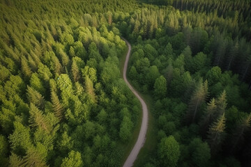 From above drone view of green lush forest with asphalt road in the middle