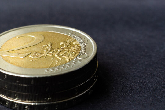 Euro close up photo. Macro coins. Soft focus, dark background