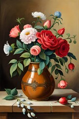 Roses flower arrangement in a stylish vase, Generative AI