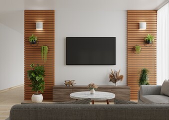 TV on the white wall in the living room The side walls are decorated with wood and there are sofas and wooden tables on the floor.3d rendering