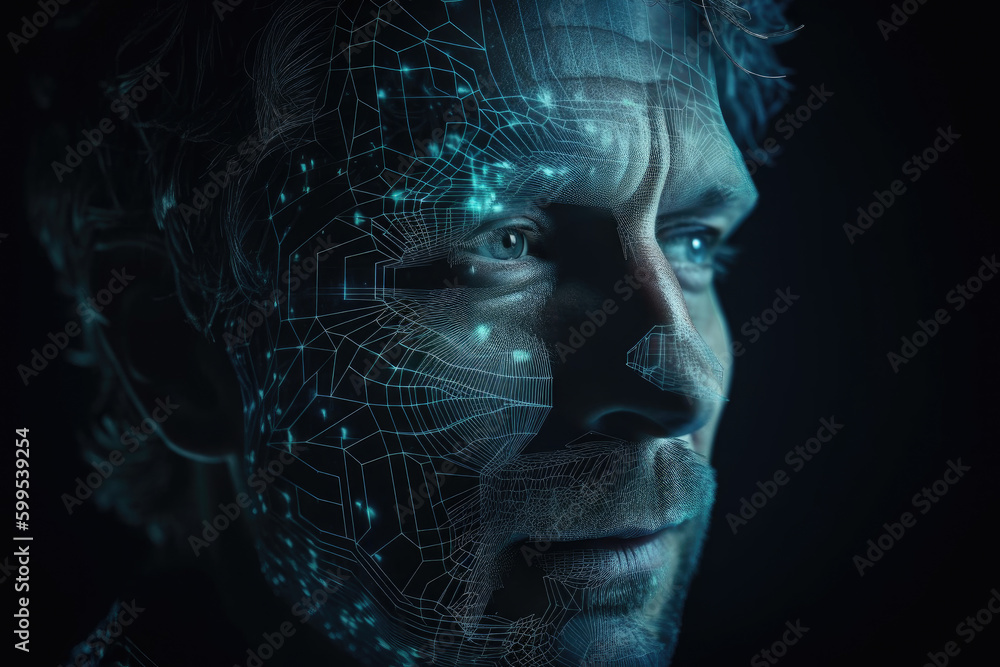 Poster futuristic potrait of man with glowing lines, created with generative ai.