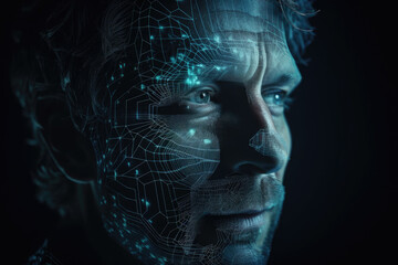Futuristic potrait of man with glowing lines, created with Generative AI.