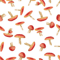 Seamless mushrooms pattern. red mushrooms illustration of mushrooms on white background.