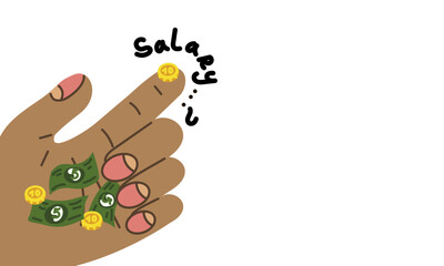 Giant hands holding tiny elements of paper money and coins. The concept of business, shop, money, salary. Hand-drawn fashionable vector illustration. Cartoon style Templates for banner design websites