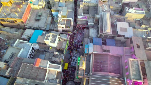 Aerial view of the Holi celebration at Banke Bihari temple in Vrindavan, India