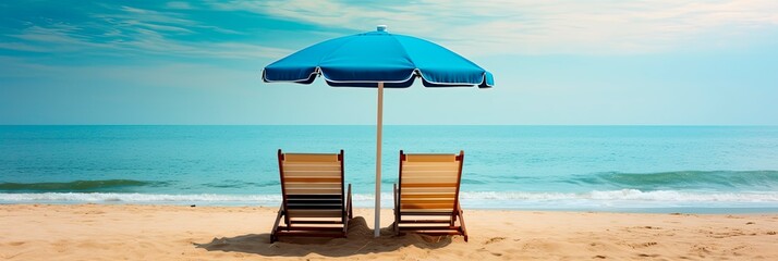 Beach with chairs and umbrella. Generative AI