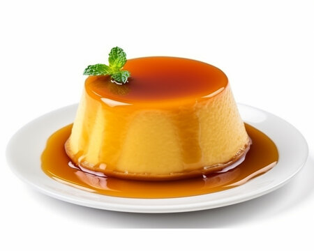 Delightful flan with mint leaf on a white background