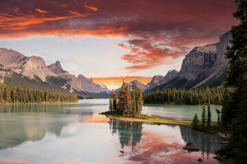Spirit island dramatic sky at sunset at Jasper national park, Canada