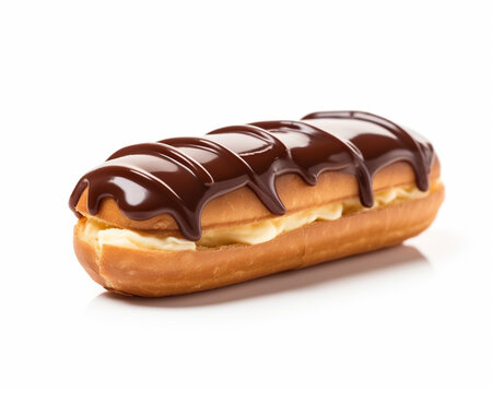 Scrumptious eclair with dark chocolate glaze on a white background, Generative AI