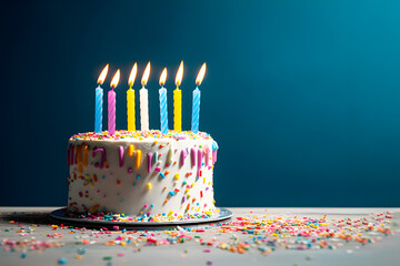 Colorful Birthday Cake with Ten Candles and Sprinkles for Celebrations. created with Generative AI