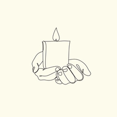 Woman with a candle in a modern single line art style. Human hands holding a memory candle in the hands. Continuous one line drawing of hope family female fire home logo