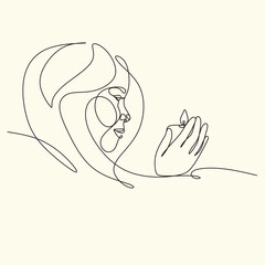 Woman with a candle in a modern single line art style. Human hands holding a memory candle in the hands. Continuous one line drawing of hope family female fire home logo