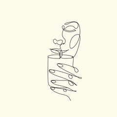 Woman with a candle in a modern single line art style. Human hands holding a memory candle in the hands. Continuous one line drawing of hope family female fire home logo