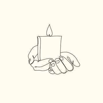 recommend clip art: Woman with a candle in a modern single line art style. Human hands holding a memory candle in the hands. Continuous one line drawing of hope family female fire home logo