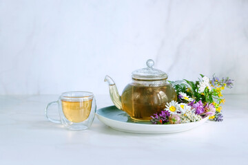Glass teapot, cup and set of fresh useful herbs on table, abstract marble background. Healthy medical Herbs collection. Homemade vitamins tea for remedy for flu, cold. ingredients for organic drink.