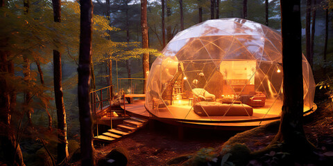 Campsite geodesic glamping bubble dome with leds in the forest. Generative AI