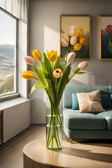 Tulips flower arrangement in a stylish vase, Generative AI