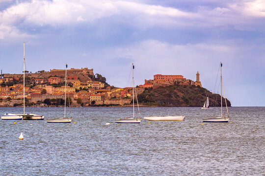 View from Magazzini Beach to the skyline of Portoferraio, Elba island, Italy
