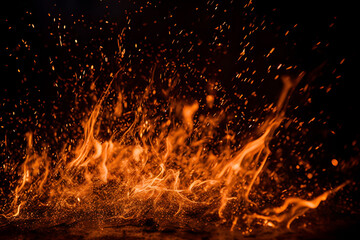 Fototapeta na wymiar Fiery sparks on black: Details of blazing flames isolated on a dark background. created with Generative AI
