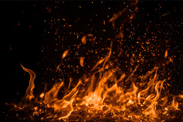 Fiery sparks on black: Details of blazing flames isolated on a dark background. created with Generative AI