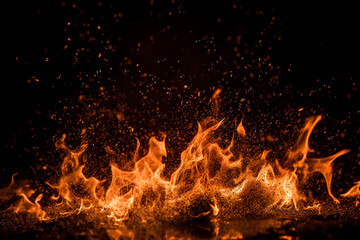 Fiery sparks on black: Details of blazing flames isolated on a dark background. created with Generative AI