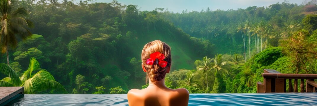 Woman with flowers in hair relaxing in Infinity pool with a view to the jungle. Generative AI