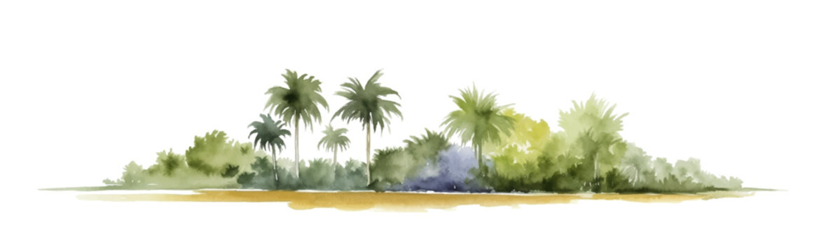 Watercolor sand beach with palms and bushes, isolated on white background. Horizontal bar element, divider, separator, footer for your design. Vector illustration.